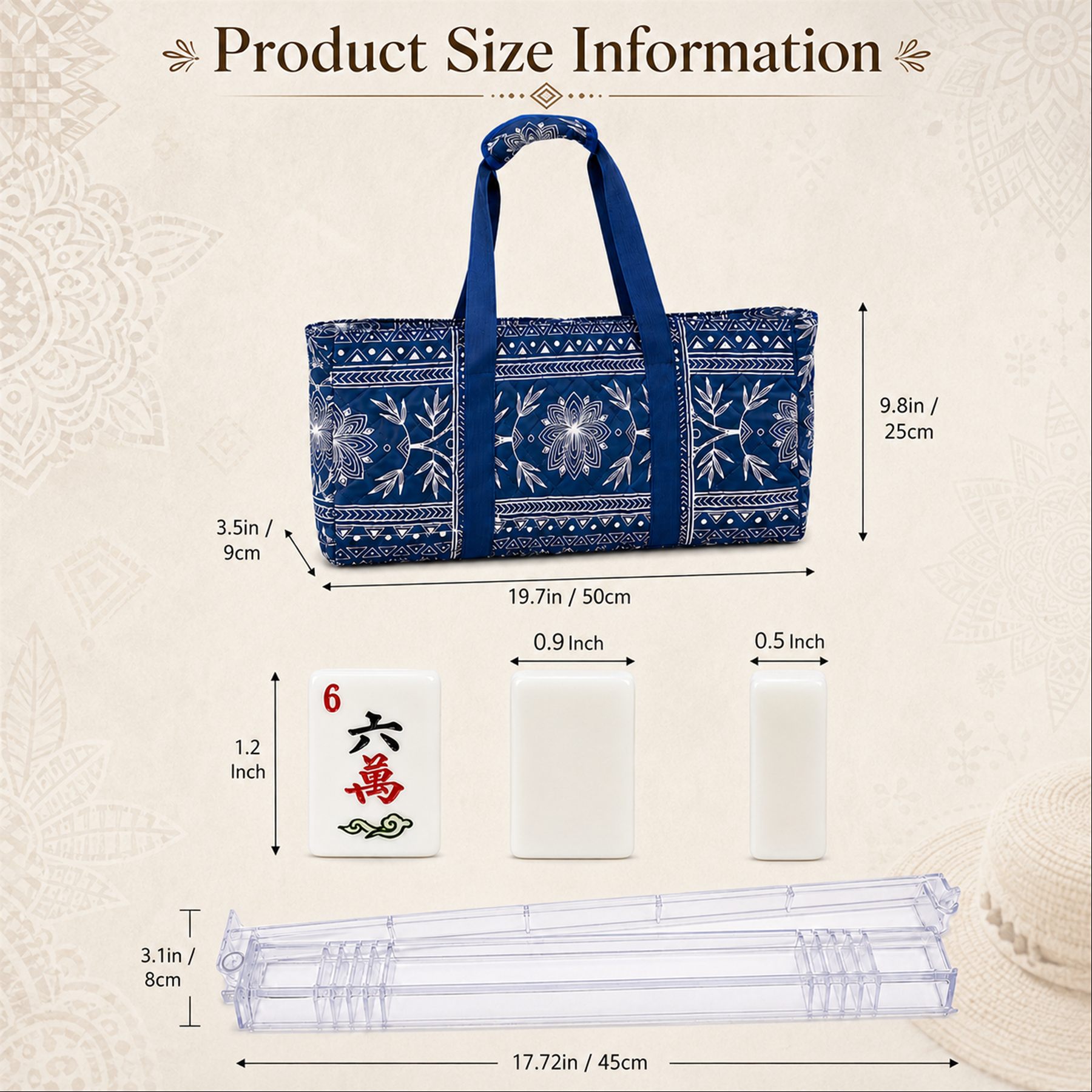 Portelle Mahjong tile rack and bag size chart