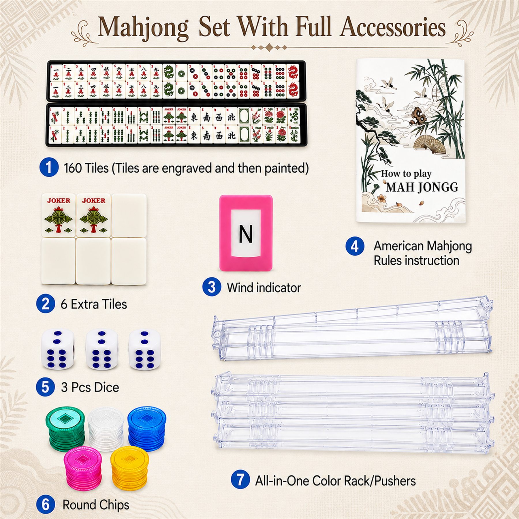 Portelle Mahjong accessories including racks chips dice and manual
